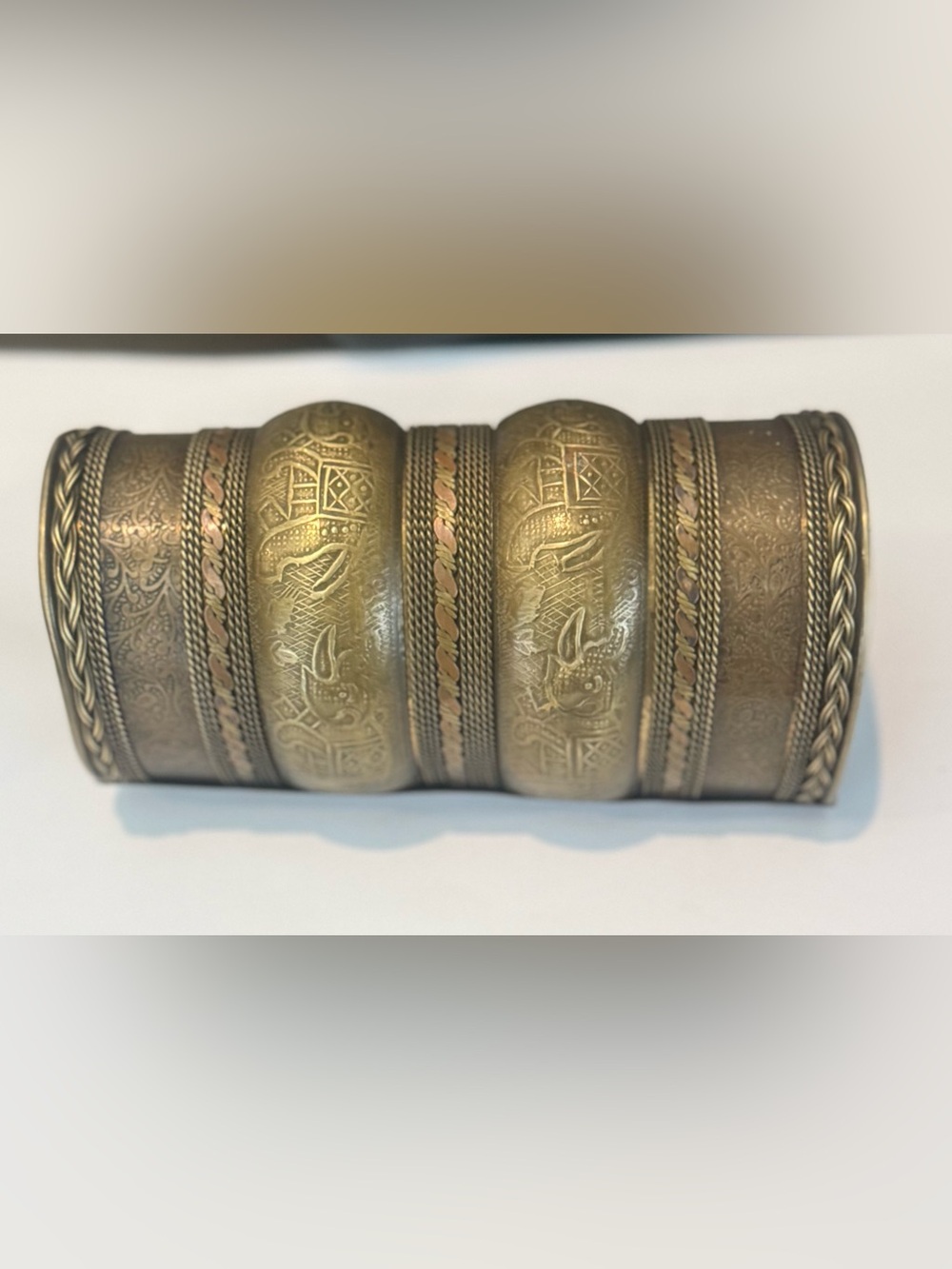 Antique-Style Etched Metal Cuff Bracelet in Brass Tone.